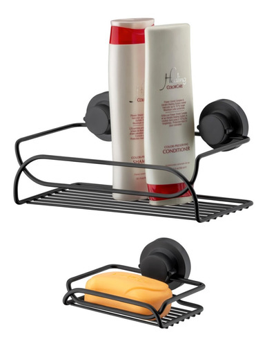 Kit Saboneteira Suporte Porta Shampoo Ventosa Preto Fosco