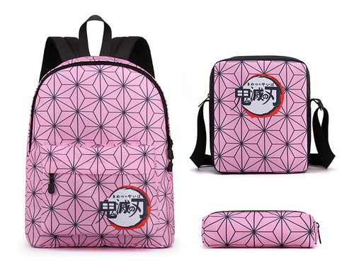 Demon Slayer Rosa Mochila Cartoon Mochila 3 Piezas Set