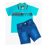 Kit Shorts Jeans + Camisa 10 Ao 14 Polo Infantil Menino 