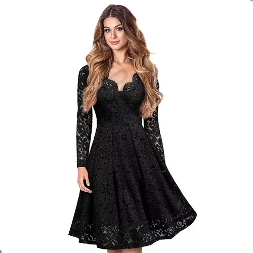 Mujer Moda Elegante Manga Larga Vestido De Encaje