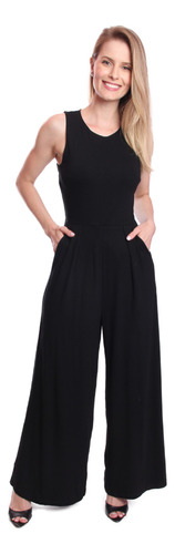 Macacão Feminino Longo Pantalona Social Preto Barato 