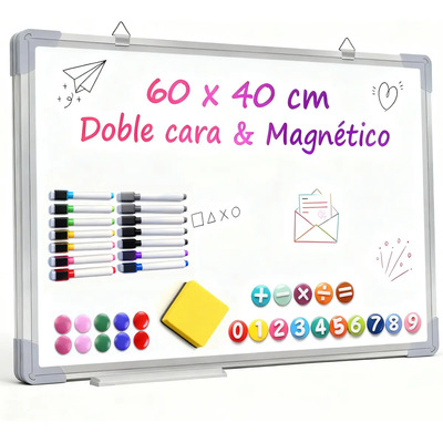 Pizarrón Blanco Magnético Hikeren de 60 x 40 cm, Doble Cara, con Plumones y Borrador | Envío gratis
