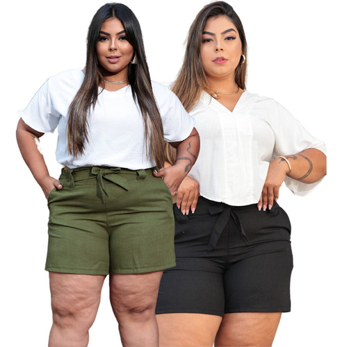 Kit 2 Shorts Linho Feminino Plus Size Cinturaaltaconfortavel