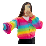 Cardigan Friz Multicolor Manga Globo Saco Abrigo Mujer Moda 