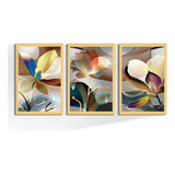 Kit 3 Quadros Decorativos Grande Floral Abstrato Nórdico 3pç