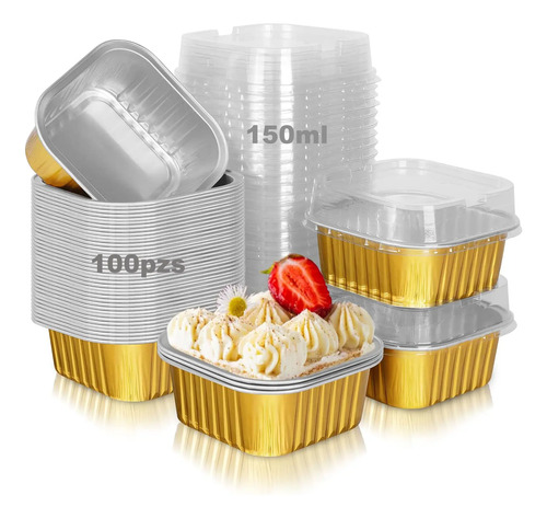100 Moldes Aluminio Desechable Pastel Para Hornear Con Tapa