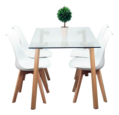 Juego De Comedor Vidrio Nordico 1,20 Haya + 4 Sillas Tulip