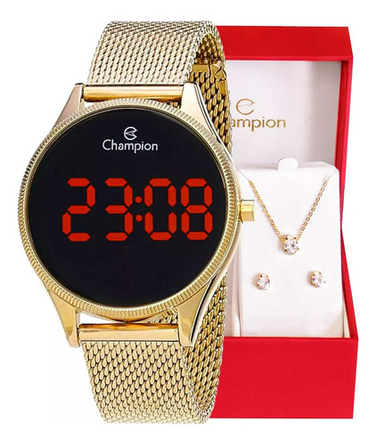 Relógio Feminino Champion Digital Dourado Pulseira Mesh