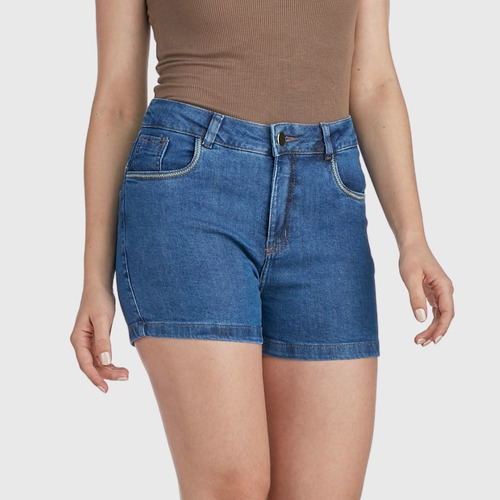 Short Jeans Feminino Curto Com Elastano Azul Cós Alto