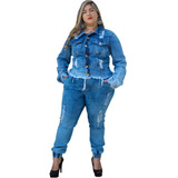 Conjunto Jeans Feminino Jaqueta Calça Plus Size Moda Inverno