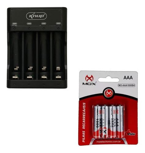 Carregador Pilha Aa/aaa Type-c+4 Pilhas Aaa Rec 1000 Mah Mox