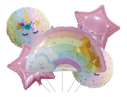 Set 5 Globos Metalicos Arcoiris Unicornio. Decoración Cotill