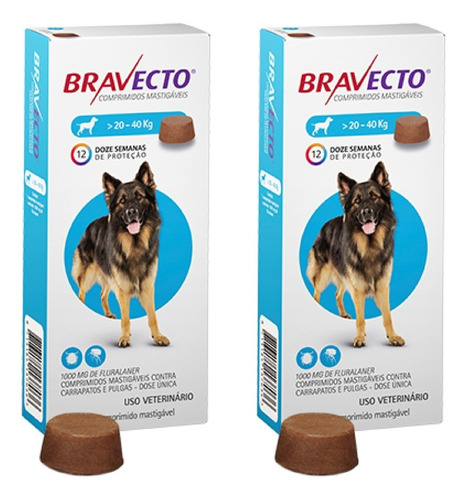 Kit 2 Bravecto Comp Cão Anti Pulga Carrapato 20a40kg 1000mg