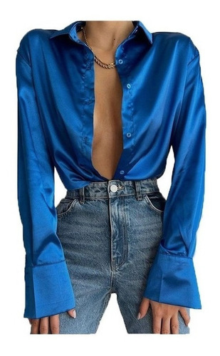 Blusa De Seda Satinada Con Cuello En Punta