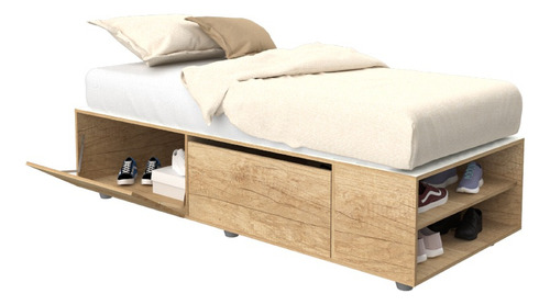 Cama Box Base P/ Sommier De 1 Plaza Con 2 Puertas Y Estantes Color Roble Nebraska Natural