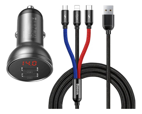 Cargador De Auto 2 Usb 4.8amp 24w + Cable 3 En 1 Baseus