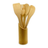 Set Utensilios Madera Bambú Cocina Cuchara Espátula X4