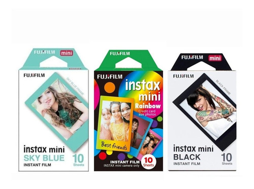 Kit Colors Filmes Instax Mini Rainbow, Sky Blue E Black 30