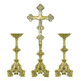 Conjunto De Castiçais Para Altar E Cruz - Igreja, 3 Peças