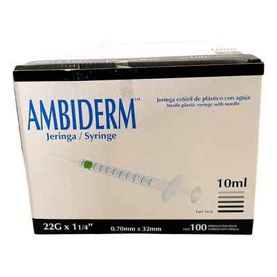 Jeringa Desechable Ambiderm 10ml C\u002Faguja 22gx32mm Negra 100u Capacidad En Volumen 10 Ml | MercadoLibre