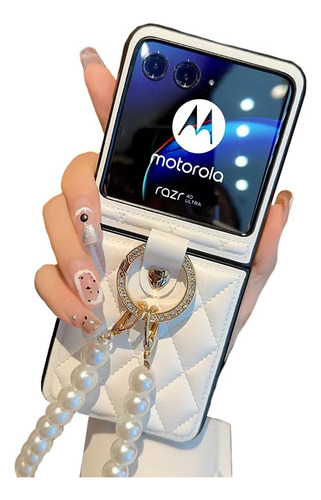 Fundas De Piel Para Moto Razr 40 Ultra Con Pulsera De Perlas