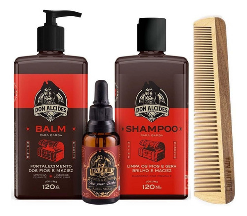 Kit Barba Negra - Balm Shampoo Óleo Pente Grande Don Alcides