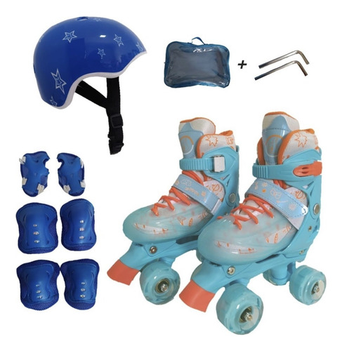 Patins Quad Infantil Regulável Rodinhas Led + Kit Proteção