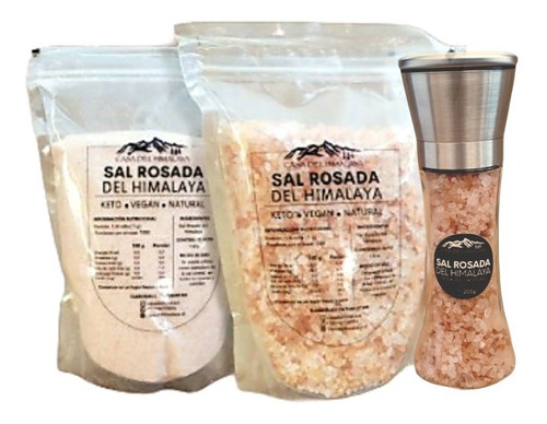 Sal Rosada Himalaya Pack 1kg Fina + 1kg Gruesa + Molinillo 