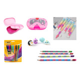 Kit Escolar Estuche Rosa, Gomas, Lápiz, Plumas Bic, Plumones