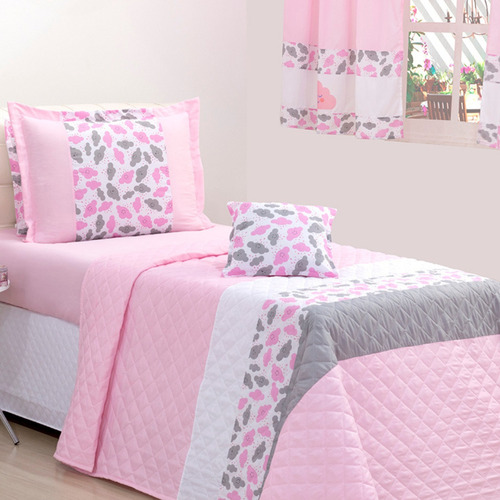 Kit Colcha Cobre Leito Cama Solteiro Box Nuvem Rosa Kids