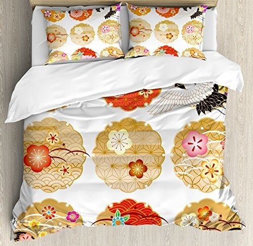 Juego De Cama Japonés Flor Beige Rosado.