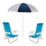 Kit 2 Cadeira Reclinável Azul Guarda Sol Praia Piscina Mor