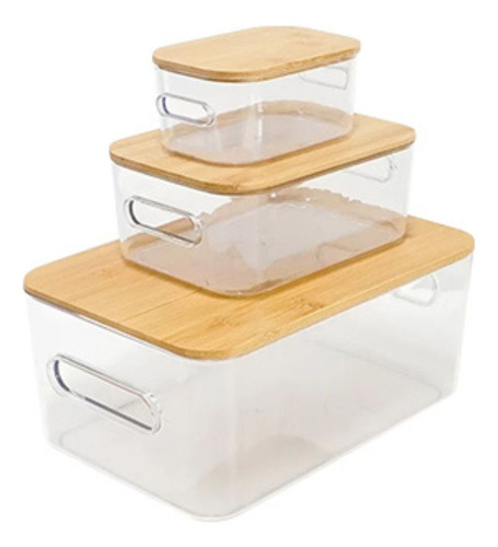 Cajas Organizadoras Contenedores Tapa Bambu Set X3 Cestos