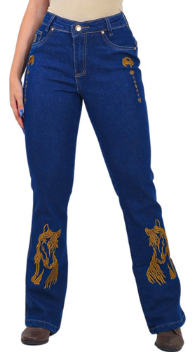 Calça Country Feminina Bordada Cavalo Flare Jeans Ferradura