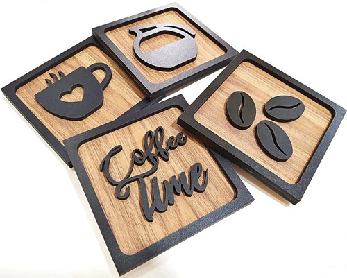 Kit 4 Quadrinhos Cantinho Do Café 14x14cm Efeito 3d Mdf