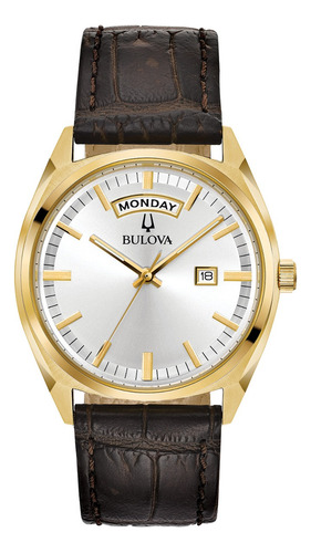 Bulova Mens Classic Quartz Black Leather Strap Watch Color De La Correa Color De La Correa Color Del Bisel Dorado Color Del Fondo Plateado