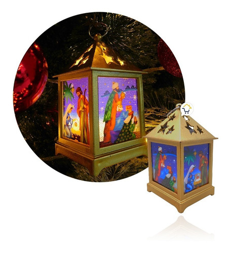 Pesebre Farol Cuadrado Vela Navideño Dorado Luz Led Zf045d