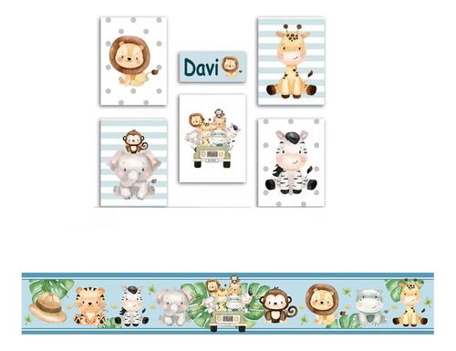 Quadros Decorativo Safari 6 Peças Com Nome Do Seu Filho