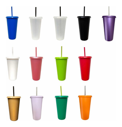 30 Vasos Reusables Con Tapa Y  Popote 24oz De Colores