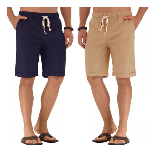 2 Pcs Short De Playa De Algodón Y Lino Para Hombre