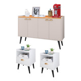 Kit 2 Mesas Cabeceira Estilo Aparador Buffet Kiev 4 Portas Cor Branco | Off White/cinamomo