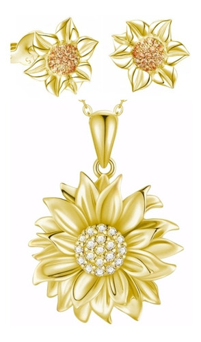 Collar Y Aros Girasol Plata 925 Bañado En Oro 18k Conjunto