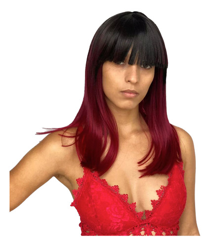 Peruca Lisa Marsala Vermelha Preta Média Com Franja 40cm