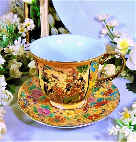 2 Tazas Vintage Té Porcelana Satzuma Con Geishas. Año 1979