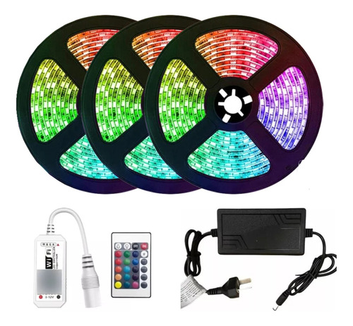 Kit Tira Led Rgb 5050 Wifi 15 Mts Control Fuente 12v Gamer 