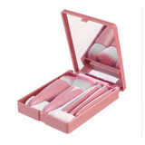 Conjunto Mini Kit Com 5 Pincéis Pcs De Maquiagem Com Espelho Cor Rosa