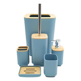 Set 6 Pz Baño Escobilla Vaso Jabonera Cesto Porta Cepillo Color Celeste