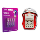 Carregador De Pilhas Auto Stop + 4 Pilhas Aaa 1000 Mah Elgin