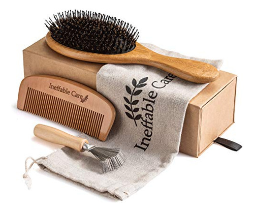 Boar Bristle Hair Brush Set For Women And Men - Wooden Comb