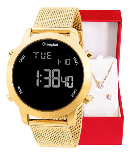 Relógio Champion Feminino Digital Dourado Pulseira Mesh